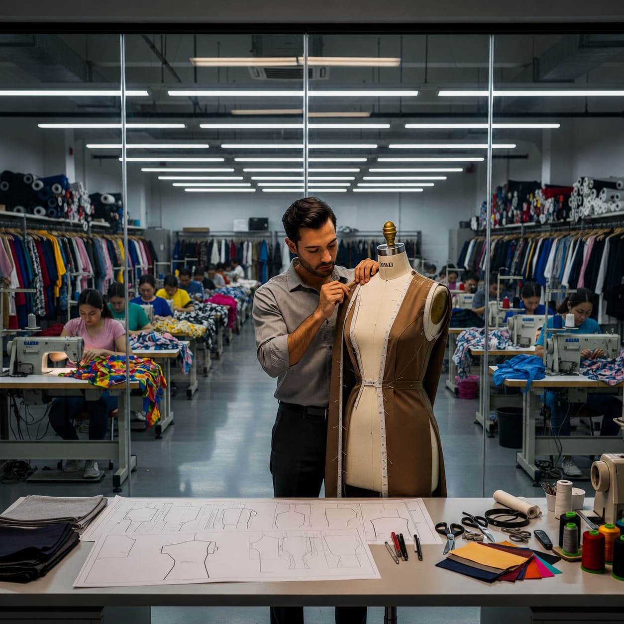 Design studio table with garments and sketches