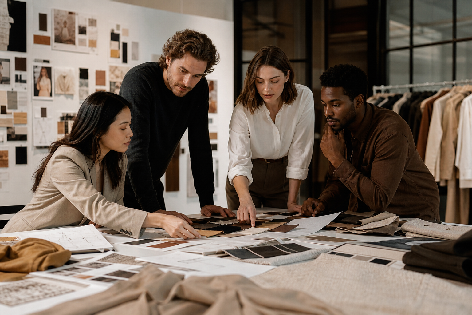 Design studio reviewing fabrics and concepts